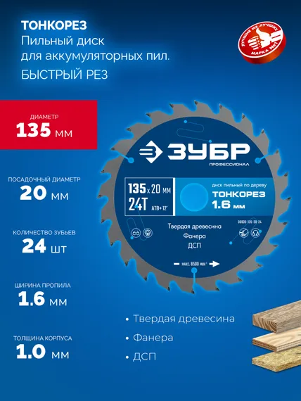 ЗУБР Тонкорез 135х20 x 1.4 мм, 24Т, диск пильный по дереву, тонкий рез, Профессионал (36933-135-20-24)