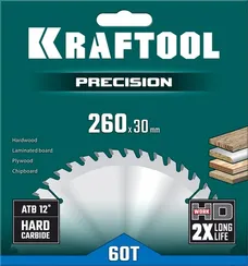 KRAFTOOL Precision, 260 х 30 мм, 60Т, пильный диск по дереву (36952-260-30)
