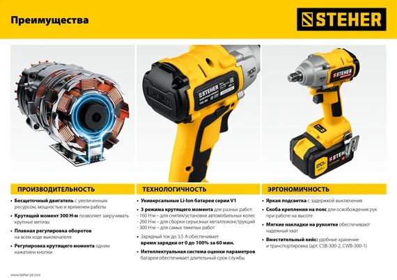 Бесщеточный винтоверт, STEHER V1, 20 В, 300 Н·м, без АКБ, (CSB-300)