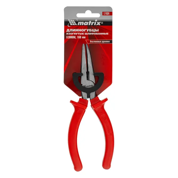 Длинногубцы изогнутые Econom, 160 мм, шлифованные, пластмассовые рукоятки Matrix