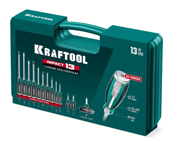 KRAFTOOL IMPACT 13 шт, сквозной стержень Cr-Mo, набор ударных отверток (25035)
