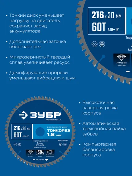 ЗУБР Тонкорез 216х30 x 1.8 мм, 60Т, диск пильный по дереву, тонкий рез, Профессионал (36933-216-30-80)