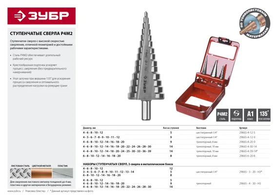 ЗУБР 3-20 мм, 3 шт, сталь Р4М2, набор ступенчатых сверл (29665-3-20-H3)