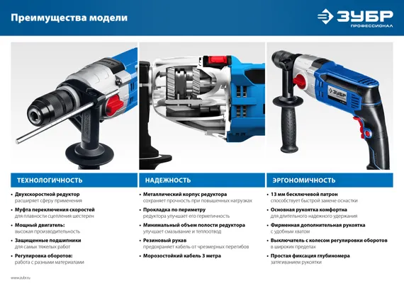 Безударная дрель, ЗУБР 900 Вт, 13 мм, 2-скоростная, мет. корпус, Профессионал (Д-П900-2)