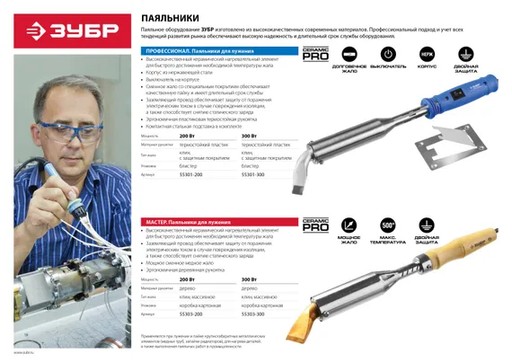 ЗУБР Ceramic PRO, 200 Вт, клин, высокомощный электропаяльник с пластиковой рукояткой, Профессионал (55301-200)
