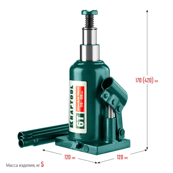 KRAFTOOL DOUBLE RAM, 6 т, 170 - 420 мм, с увеличенным подъемом, двухштоковый бутылочный домкрат (43463-6)