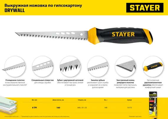 STAYER 160 мм, выкружная ножовка по гипсокартону, Professional (15173)