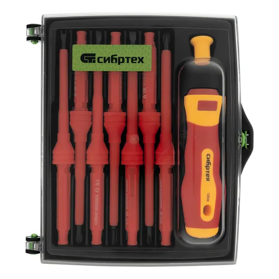 Отвертка со сменными жалами, диэлектрическая до 1000 В, 9 предметов, CrV Сибртех
