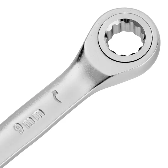 Ключ комбинированный трещоточный, 9 мм, CrV, матовый хром Denzel