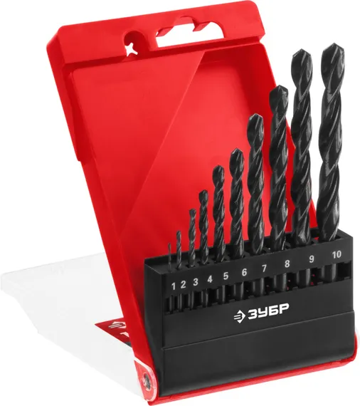 ЗУБР 10 шт, (1-10 мм), сталь Р4М2, класс В, набор сверл по металлу (29605-H10)