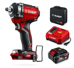 Бесщеточный ударный гайковерт, ЗУБР 20 В, 350 Н·м, 1 АКБ LMS (4 А·ч), сумка (ГБУ-350-41)