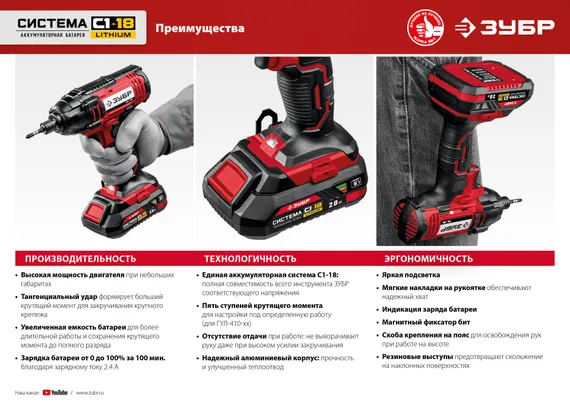 Гайковерт ударный, ЗУБР С1-18, 18 В, 400 Н·м, без АКБ, (ГУЛ-410)