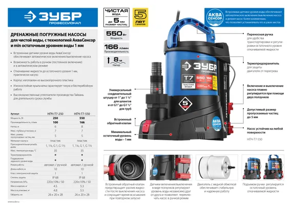 Дренажный насос с минимальным уровнем откачки, ЗУБР АкваСенсор 550 Вт, Профессионал (НПЧ-Т7-550)