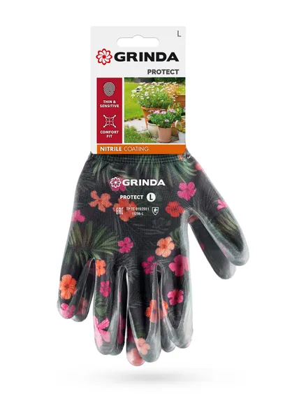 GRINDA PROTECT, L (9), садовые перчатки с прозрачным нитриловым покрытием, чёрные, 13 класс (11296-L)