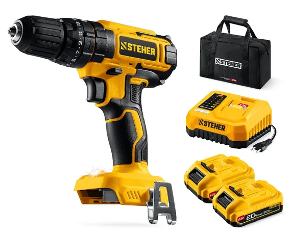 Ударная дрель-шуруповерт, STEHER 20 В, 40 Н·м, 2 АКБ LMS (2 А·ч), сумка (CDS-40-22)