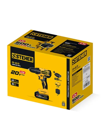 Дрель-шуруповерт, STEHER 20 В, 40 Н·м, 2 АКБ LMS (2 А·ч), сумка (CD-40-22)