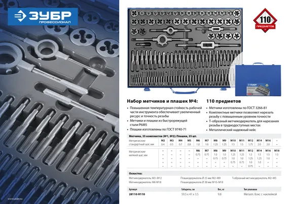 ЗУБР 110 предметов, сталь Р6М5, набор метчиков и плашек, Профессионал (28110-H110)