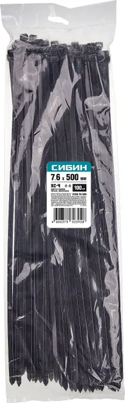 СИБИН ХС-Ч, 7.6 x 500 мм, нейлон РА66, 100 шт, черные, хомуты-стяжки (3788-76-500)