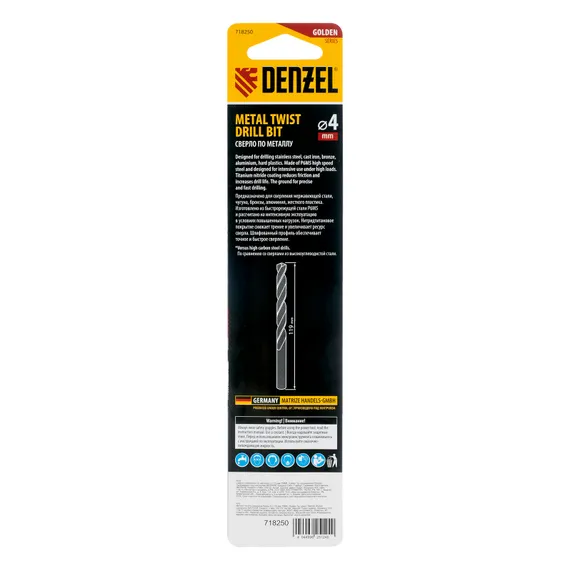 Сверло спиральное по металлу 4 х 119 мм, Р6М5, Golden Tip, удлиненное Denzel