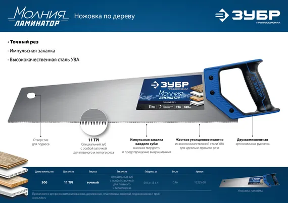 ЗУБР Молния-Ламинатор, 500 мм, ножовка по дереву, Профессионал (15235-50)