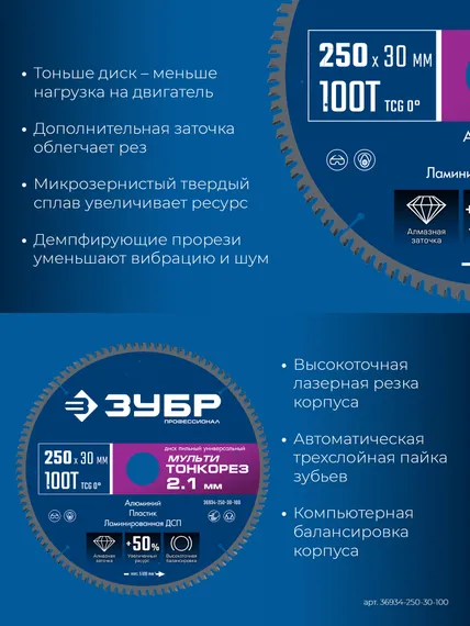 ЗУБР Мульти Тонкорез 250х30 x 2.1 мм, 100Т, диск пильный универсальный тонкий рез, Профессионал (36934-250-30-100)