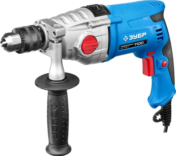 Ударная дрель с металлическим корпусом, ЗУБР 1100 Вт, 13 мм, 2 скорости, кейс, Профессионал (ЗДУ-1100-2 ЭРММ2)