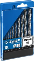 ЗУБР ПРОФ-В, 10 шт, (1-10 мм), сталь Р6М5, класс В, набор сверл по металлу, Профессионал (29621-H10)