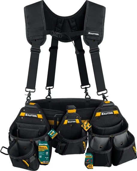 KRAFTOOL KBS-5 пояс монтажника, в комплекте: пояс монтажника, подтяжки и 3 сумки (38760-5)