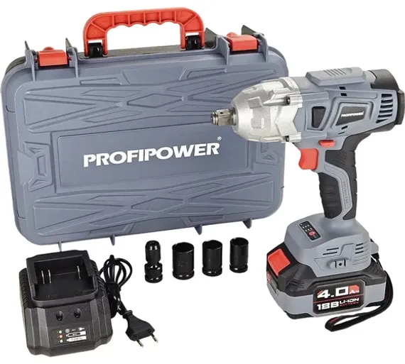 Аккумуляторный бесщеточный ударный гайковерт PROFIPOWER DWDTW-20B (20В,Li-ion-1шт, 4.0Ач, 600Нм, ударные головки,адаптер для бит,З/У, в кейсе)E0105M1