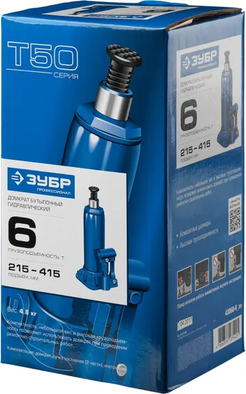 ЗУБР 6 т, 215 - 415 мм, бутылочный гидравлический домкрат, Профессионал (43060-6)