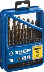 ЗУБР Кобальт, 19 шт, (1-10 мм), сталь Р6М5К5, класс А, мет.бокс, набор сверл по металлу, Профессионал (29626-H19)