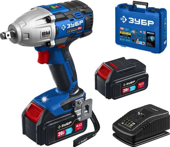 Бесщеточный гайковерт, ЗУБР Т7, 20 В, 500 Н·м, 2 АКБ (4 А·ч), кейс, Профессионал (GB-500-42)