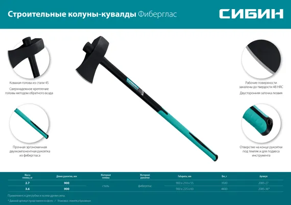 СИБИН Фибергласс, 3600/4400 г, 900 мм, строительный колун-кувалда (2085-36)