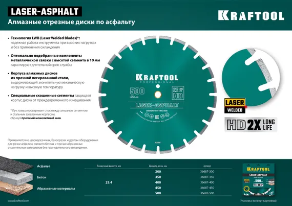 KRAFTOOL LASER-ASPHALT 500 мм (25.4/20 мм, 10х4.5 мм), алмазный диск (36687-500)