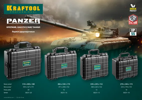 KRAFTOOL PANZER-13, 340 х 290 х 150 мм, (13″), IP55, ударопрочный пластиковый ящик (38251-13)