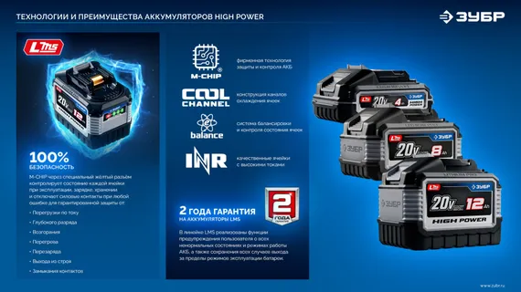 ЗУБР High Power, 20 В, 12.0 А·ч, аккумулятор LMS, ПРОФЕССИОНАЛ (BP-H-20-12)