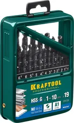 KRAFTOOL HSS-G, 19 шт, (1-10 мм), сталь P6M5, набор сверл по металлу (29651-H19)