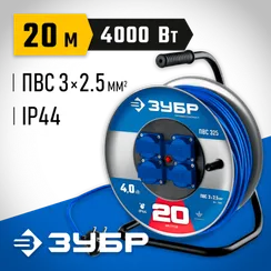 ЗУБР ПВС-325, ПВС, 3 x 2.5 мм2, 20 м, 4000 Вт, IP44, силовой удлинитель на стальной катушке, Профессионал (55102-20)