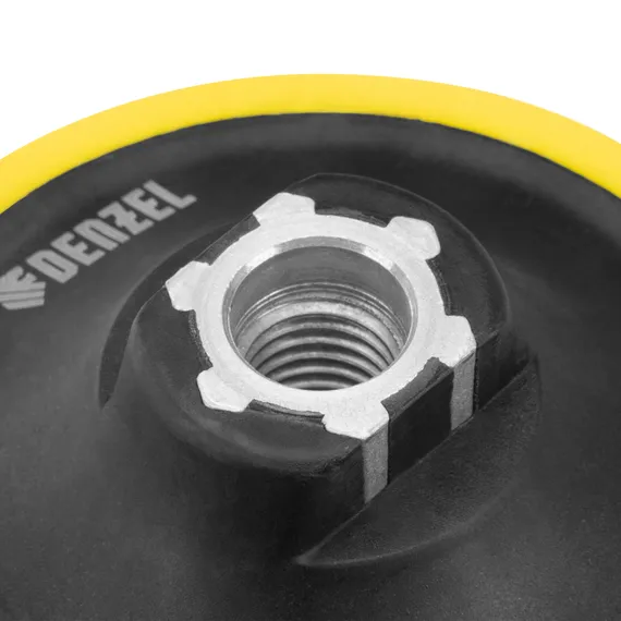 Тарелка опорная для дрели и УШМ с липучкой, 150 мм, мягкая, с адаптером c М14 на d8 Denzel