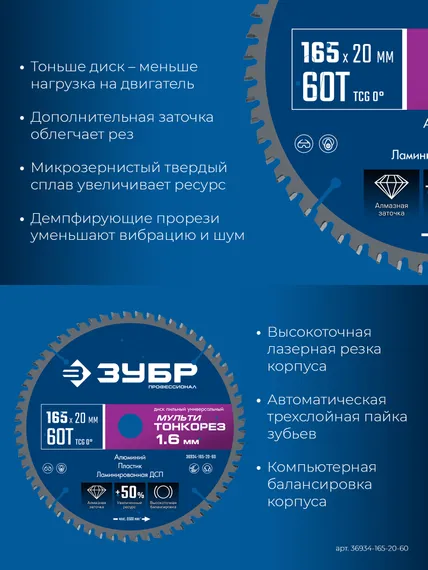 ЗУБР Мульти Тонкорез 165х20 x 1.6 мм, 60Т, диск пильный универсальный, тонкий рез, Профессионал (36934-165-20-60)