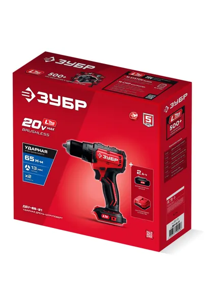 Бесщеточная ударная дрель-шуруповерт, ЗУБР 20 В, 65 Н·м, 1 АКБ LMS (2 А·ч), (ДБУ-65-21)