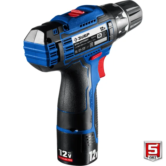 Дрель-шуруповерт + LED фонарь, ЗУБР 12 В, 40 Н·м, 2 АКБ тип Т7 (2 А·ч), кейс, Профессионал (DL-121-22F)