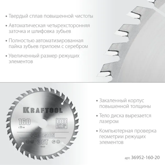 KRAFTOOL Precision, 160 х 20 мм, 36Т, пильный диск по дереву (36952-160-20)
