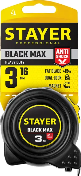 STAYER BlackMax, 3 м х 16 мм, рулетка с двумя фиксаторами, Professional (3410-03)