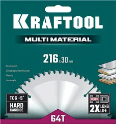 KRAFTOOL Multi Material, 216 х 30 мм, 64Т, пильный диск по алюминию (36953-216-30)