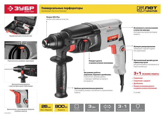 Перфоратор электрический SDS Plus,ЗУБР 22 мм, 650 Вт, (П-22-650)