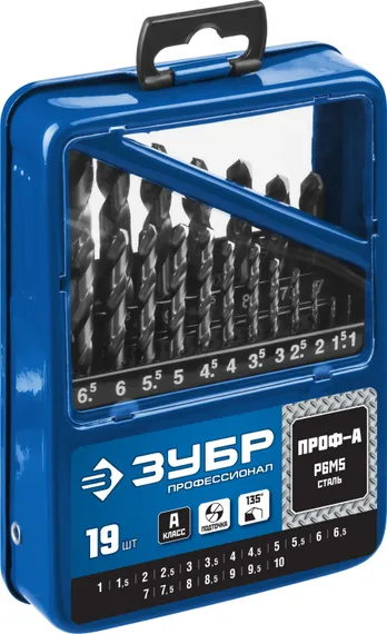 ЗУБР ПРОФ-А, 19 шт, (1-10 мм), сталь Р6М5, класс А, мет.бокс, набор сверл по металлу, Профессионал (29625-H19)