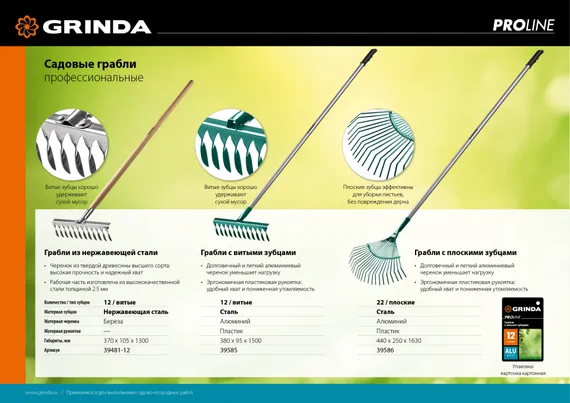GRINDA PR-12T ALU, 380 х 95 х 1500 мм, 12 витых зубцов, углеродистая сталь, алюминиевый черенок, садовые грабли, PROLine (39585)