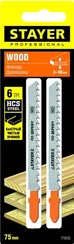 STAYER T101D, T-хвост., HCS сталь, по дереву/ДСП/ДВП, шаг зуба 4 мм (6TPI), раб. длина 75 мм, 2 шт, полотна для лобзика, Professional (15990-4)