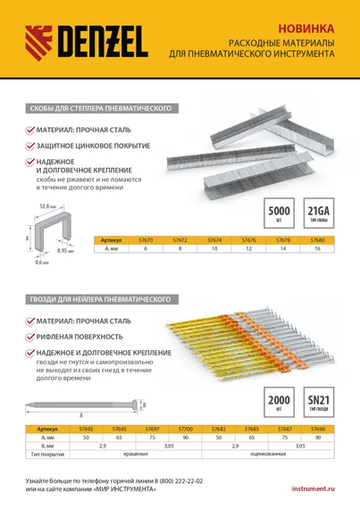Скобы 21GA для пнев. степл., 14мм, шир. - 0,95мм, тол. - 0,6мм, шир. скобы - 12,8мм, 5000шт Denzel